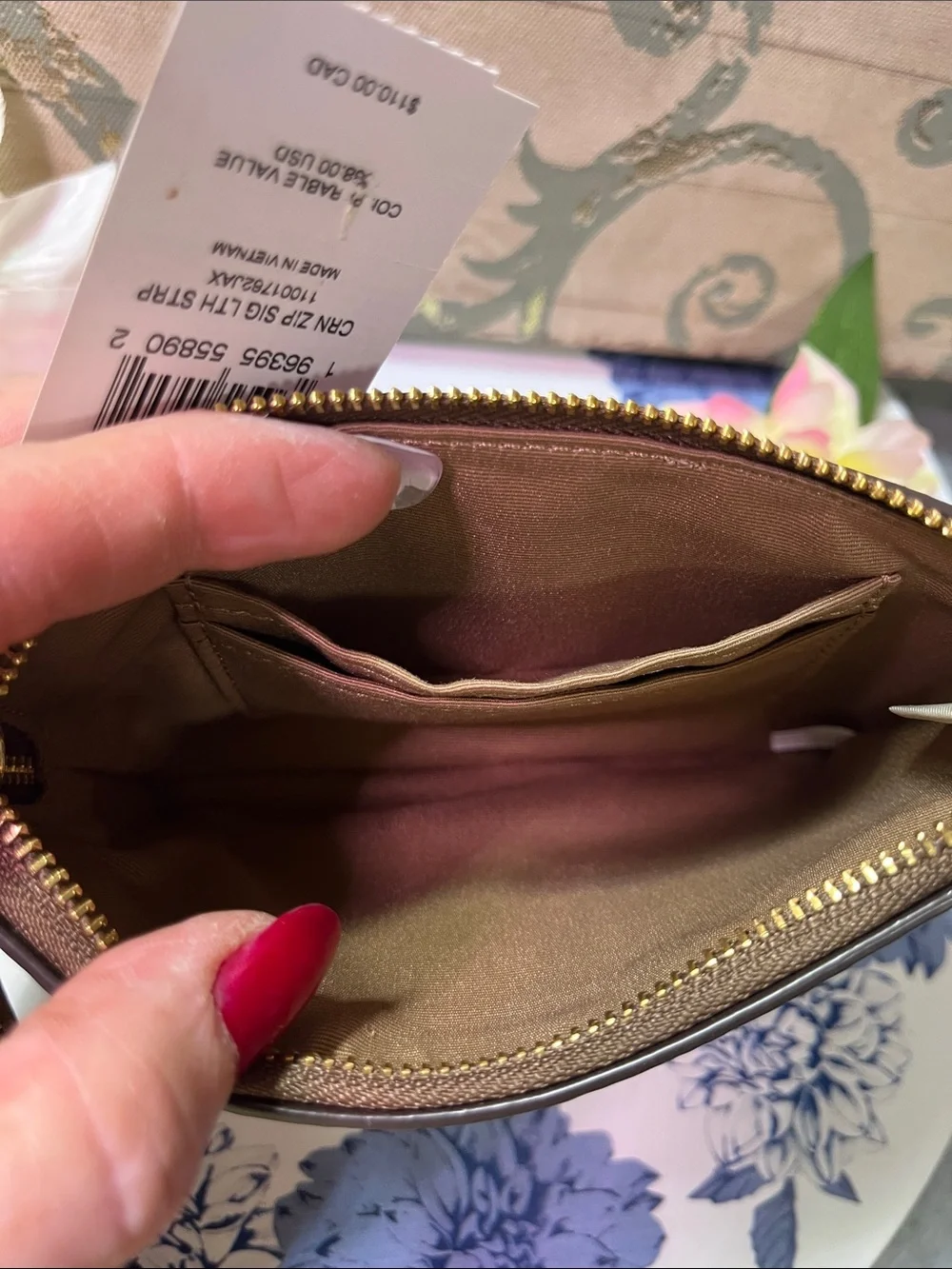 Coach Brown Signature Canvas and Leather Wristlet with Gold Logo